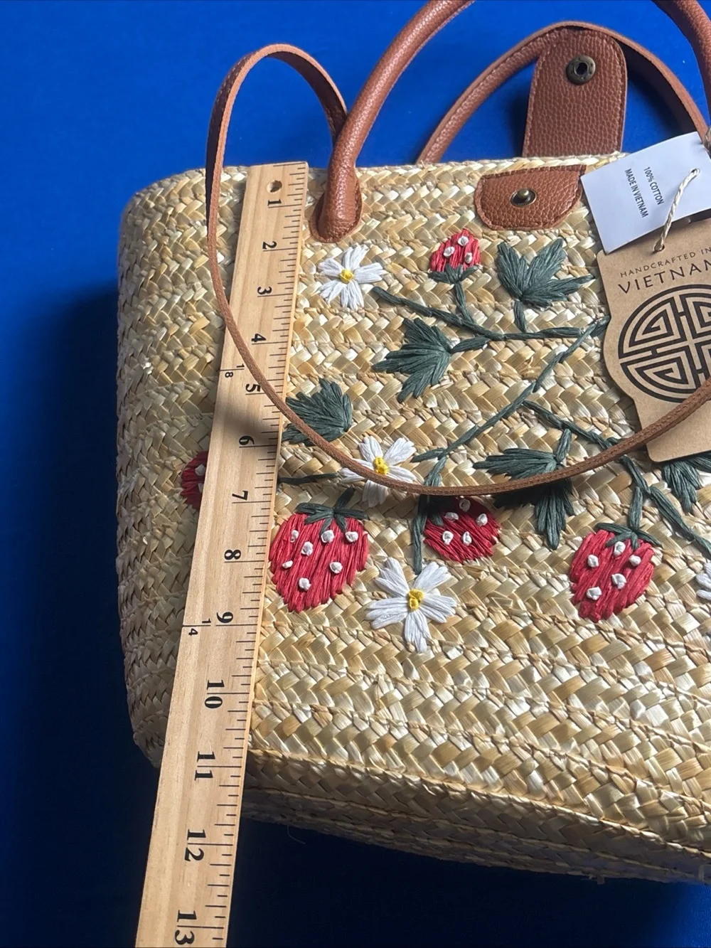 Source Unknown Straw Tote with Red Strawberry Embroidery and Tan Handles